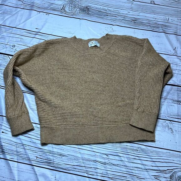 Poof Apparel Ribbed Knit Cropped Sweater Beige Tan Pullover Casual Long Sleeve M - Picture 5 of 6